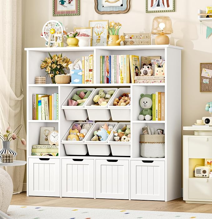 FINETONES Toy Storage Organizer with 6 Toy Bins, Large Toy Organizers and Storage with 4 Movable Drawers and 6 Storage Cubbies, Kids Toy Storage and Toy Chest for Playroom and Kids Room, White