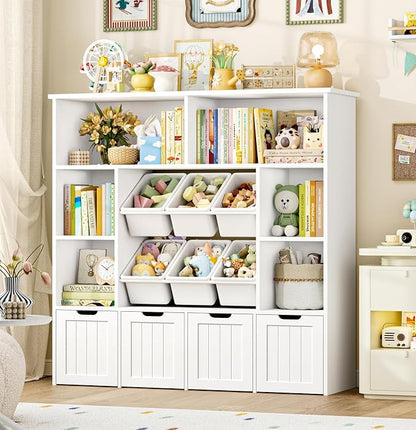 FINETONES Toy Storage Organizer with 6 Toy Bins, Large Toy Organizers and Storage with 4 Movable Drawers and 6 Storage Cubbies, Kids Toy Storage and Toy Chest for Playroom and Kids Room, White
