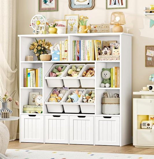 FINETONES Toy Storage Organizer with 6 Toy Bins, Large Toy Organizers and Storage with 4 Movable Drawers and 6 Storage Cubbies, Kids Toy Storage and Toy Chest for Playroom and Kids Room, White