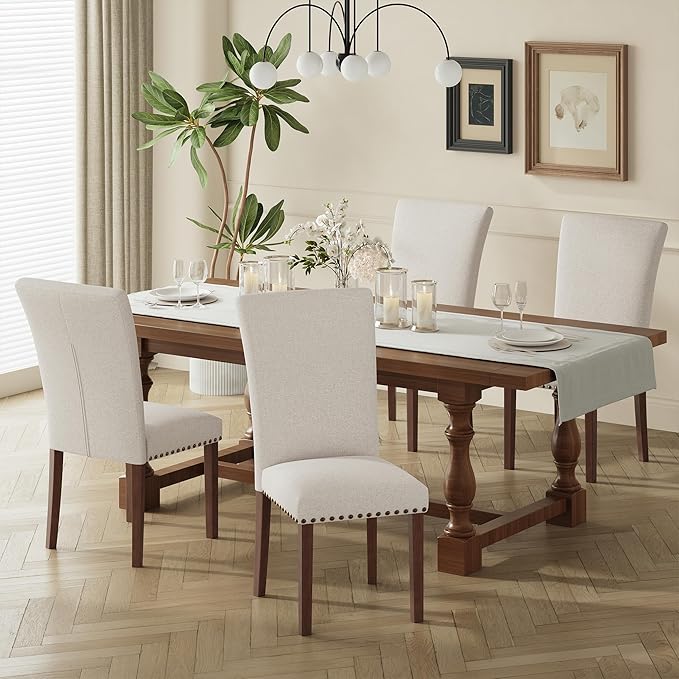 COLAMY Upholstered Dining Chairs Set of 4, Beige | Linen Beige Kitchen Room Chairs with High Back, Dining Room Chairs for Round Kitchen Table or Small Dining Room