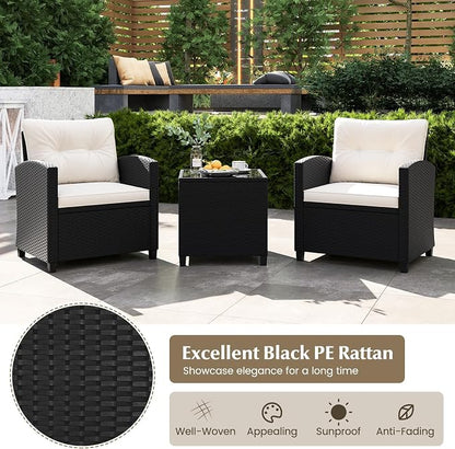 Tangkula 3 Piece Patio Furniture Set, Rattan Conversation Set w/Soft Seat & Back Cushions, Tempered Glass Topped Coffee Table, Cushioned Wicker Seating Set for Backyard, Porch, Poolside (Off White)