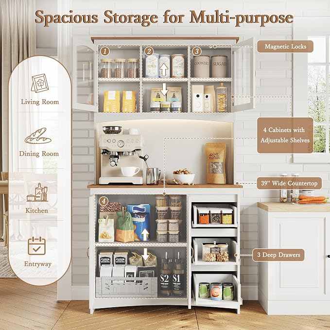 Garvee 71" Kitchen Pantry Cabinet with LED Lights & Charging Station, Farmhouse Kitchen Hutch Storage Cabinet with Countertop, 3 Drawers, 4 Doors, Adjustable Shelves for Dining Room, White