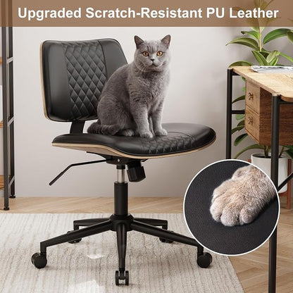 Modern Armless Office Chair with Wheels, Adjustable Swivel Desk Chair with Wide Seat and Tilt Function, Faux Leather Mid Century Task Chair for Home Office, Bedroom, Vanity, Black