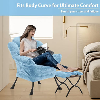 Youtanic Lazy Chair with Folding Ottoman, Accent Chair Plush Upholstered with Metal Structure and Non-Slip Pads, Sofa Armchair with Footrest and Side Storage Bag for Dorm, Room, Office, Blue