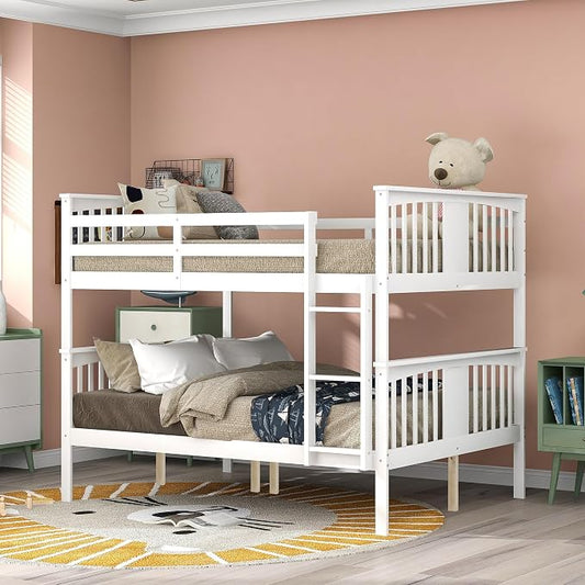 Merax Full Over Full Bunk Bed Convertible to Two Separate Beds, Solid Pine Wood Frame with Safety Guardrail & Headboard/Footboard, Sturdy Durable Design, for Teens, No Box Spring Needed, White