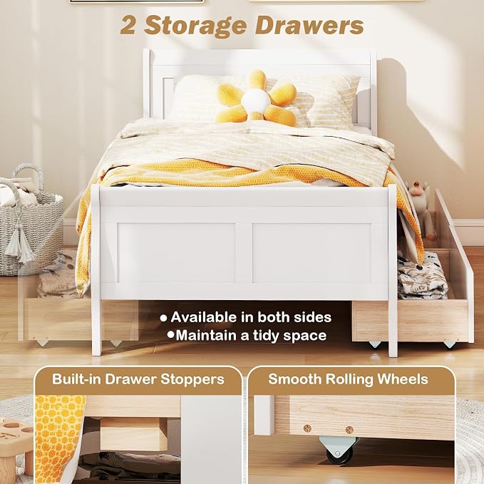 Giantex Twin Bed with 2 Storage Drawers, Wood Platform Bed with Headboard & Footboard, Wooden Slats Support Mattress Foundation, Twin Bed Frames for Kids Teens Adults, No Box Spring Needed (White)