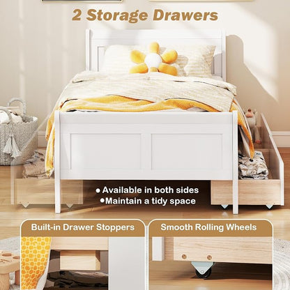 Giantex Twin Bed with 2 Storage Drawers, Wood Platform Bed with Headboard & Footboard, Wooden Slats Support Mattress Foundation, Twin Bed Frames for Kids Teens Adults, No Box Spring Needed (White)
