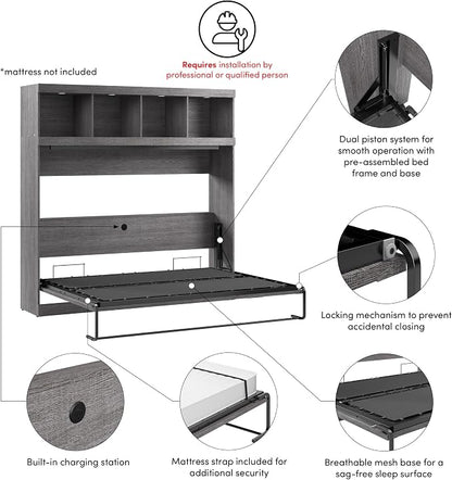 Bestar Queen Size Horizontal Murphy Bed with Storage and Charging Station, 80-inch, for Bedroom or Guestroom, Pur Collection, Modern, Gray