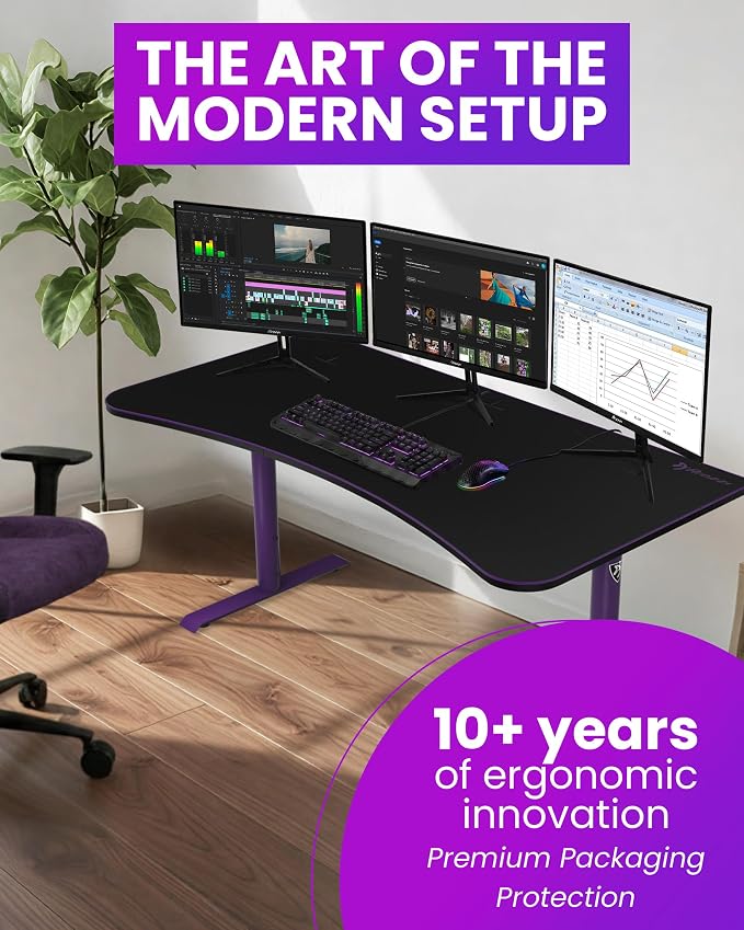 Arozzi Arena Large Gamer Desk - 63x32” Adjustable Height PC Gaming Desk with Storage for Cables & Triple-Monitor Support - Full-Surface Washable Mousepad - Purple