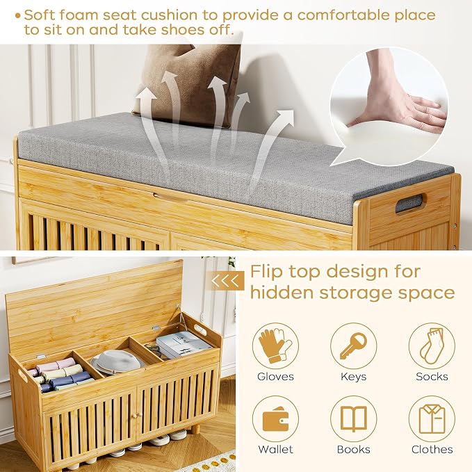 Shoe Storage Bench Coat Rack Set, 35.4" Bamboo Shoes Bench with Lift Top Hidden Storage & Wall Hooks, Hall Tree Entryway Bench with Seat Cushion, 2-Tier Shoe Cabinet for Entryway, Living Room, Bedroom