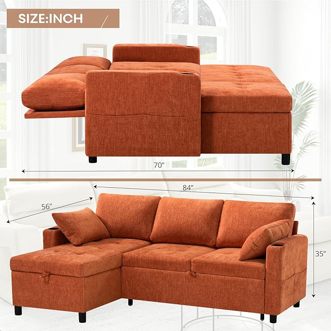 84" L-Shape Pull Out Sofa with 2 Storage Chaise, Orange | Chenille Sectional Sleeper Sofa w/Adjustable Backrest, Upholstered Reversible Couch Bed w/USB Port for Living Room, House