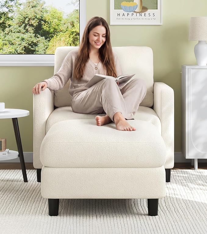 Welzona Sofa Accent Chair with Ottoman, 33" Reading Chair and Ottoman Set for Bedroom, Tool-Free Setup Living Room Accent Chairs, Comfy Arm Chairs Living Room, All-Wood Reading Nook, Beige