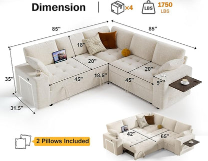 Vipbear 86" Modular Sectional Sleeper Sofa with Pull Out Bed, 5 Seat Chenille L Shaped Couch with USB Ports|Cup Holders|Side Table|Storage Loveseat, Tool Free Assembly, Beige