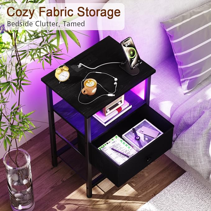 LOAKEKEL LED Night Stand with Charging Station, Small Bedside Table with USB Ports & Outlets, Fabric Storage Drawer with PU Finish for Bedroom, Black, HETS01BK-1