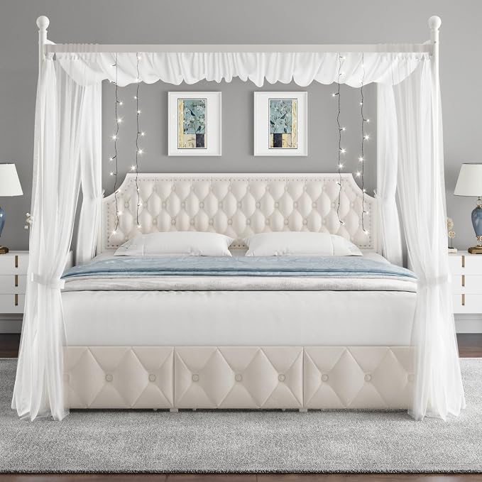 Keyluv King Upholstered Canopy Bed Frame with 3 Storage Drawers & Button Tufted Headboard, Metal Platform Bed with 4 Removable Posts, Two-Purpose Velvet Bed, Beige/Curtain Not Included