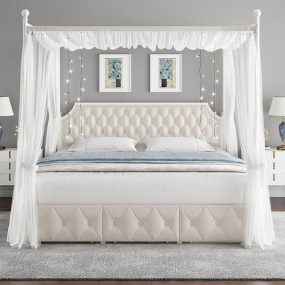 Keyluv King Upholstered Canopy Bed Frame with 3 Storage Drawers & Button Tufted Headboard, Metal Platform Bed with 4 Removable Posts, Two-Purpose Velvet Bed, Beige/Curtain Not Included