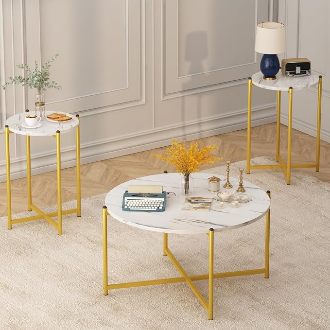 AWQM Faux Marble Coffee Table Set of 3, 1 Coffee Table & 2 Sofa Table, Round Tabletop and Metal Cross Base Frame,Perfect for Living Room Apartment, White