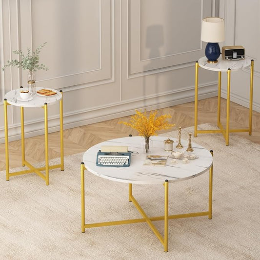 AWQM Faux Marble Coffee Table Set of 3, 1 Coffee Table & 2 Sofa Table, Round Tabletop and Metal Cross Base Frame,Perfect for Living Room Apartment, White