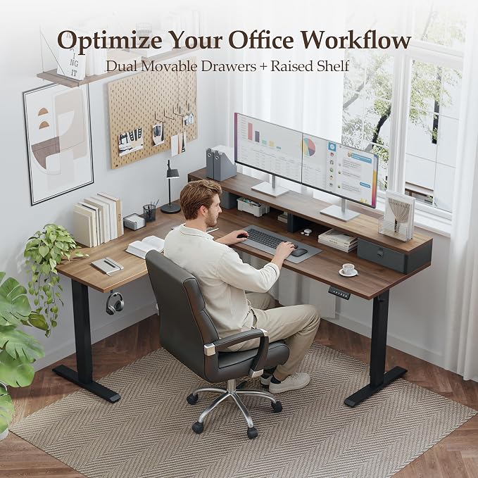 Klicelor L Shaped Electric Standing Desk 63 x 55.1 inch with Shelf, Height Adjustable Corner Desk, Sit Stand Desk with Storage Shelf, Home Office Computer Table, Dark Walnut