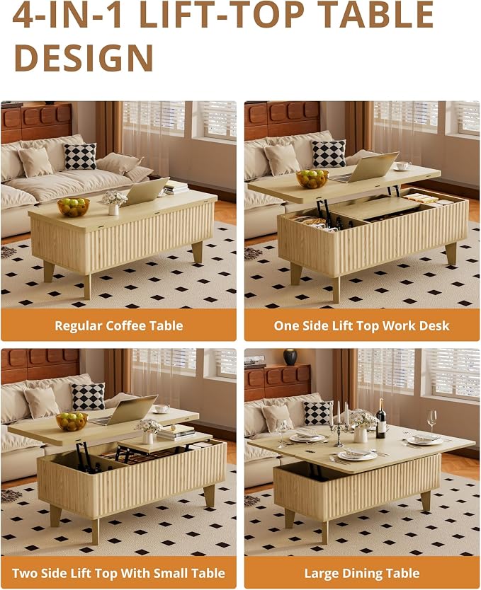 4 in 1 Coffee Table with Lifting Top, Modern Convertible Coffee Table with Storage Converts to Dining Table for Living Room, Oak