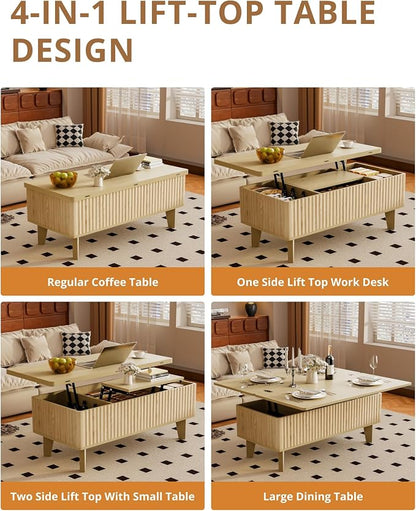 4 in 1 Coffee Table with Lifting Top, Modern Convertible Coffee Table with Storage Converts to Dining Table for Living Room, Oak