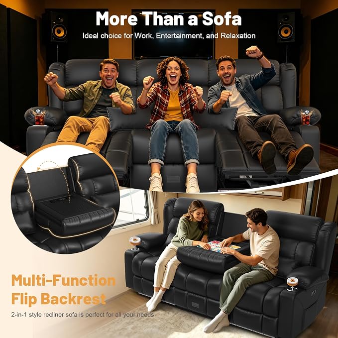 Dresegmt Power Loveseat Recliner Sofa, Zero Wall Hugger RV Reclining Loveseat Couch with Flip Middle Backrest Design, 3 Seat Reclining Sofa with Storage Drawer, Power Recliner for Living Room (Black)
