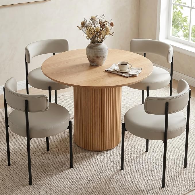 Faux Leather Dining Chairs Set of 6, Upholstered Kitchen and Dining Room Chairs, Mid-Century Modern Dining Chairs with Round Back and Black Metal Legs, Vegan Leather, Beige Grey