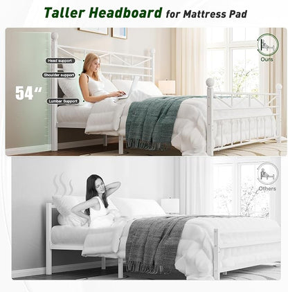 EnHomee 14.2" Metal Twin Bed Frames with Tall Headboard & Footboard, LED Light Twin Bed Frame, Strong Slats Support and Noise-Free Design with Under Bed Storage/No Box Spring Needed/White