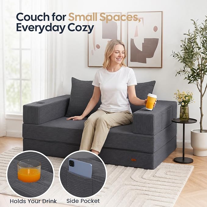 COMAX Futon Sofa Bed, Convertible Sofa Bed, Folding Boneless Couches | Boneless Couch for living room, 4‑in‑1 Fold Out Small Foldable Loveseat Floor Sleeper Mattress Lounge Space‑Saving, Grey