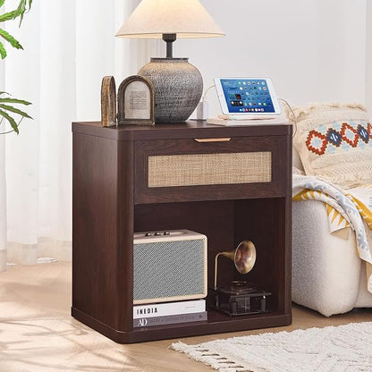 LEYAOYAO Rattan Nightstand with Charging Station, Walnut Night Stand with Drawer, 23" Wide Boho Bedside Table with Storage Shelf, Bed Side End Tables for Bedroom, Living Room, Hallway