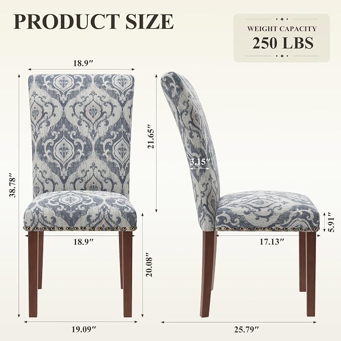 MALOL Dining Chairs Set of 2, High Back Dining Chair with Wood Legs and Nailhead Trim, Modern Padded Kitchen Room Chairs for Dining Room/Restaurant, White/Blue
