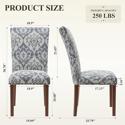 MALOL Dining Chairs Set of 2, High Back Dining Chair with Wood Legs and Nailhead Trim, Modern Padded Kitchen Room Chairs for Dining Room/Restaurant, White/Blue