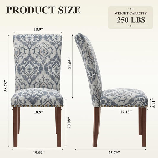 MALOL Dining Chairs Set of 2, High Back Dining Chair with Wood Legs and Nailhead Trim, Modern Padded Kitchen Room Chairs for Dining Room/Restaurant, White/Blue