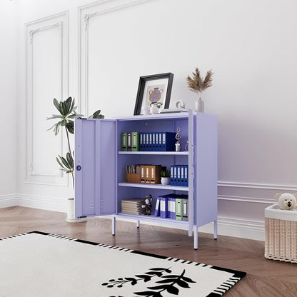 Purple 3 Tier Metal Storage Cabinet with Legs, Lockable 2 Door Metal Locker, Heavy Duty Multipurpose Accent Storage Cabinet with 2 Adjustable Shelves for Home, Office, Entryway and Hallway