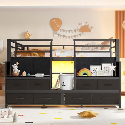 Bellemave Full Size Loft Bed with 8 Non-Woven Fabric Storage Drawers and Bookshelf, Low Loft Bed with Lights and Private Play Curtain, Full Loft Beds with High Rails, Noise Reduced Black