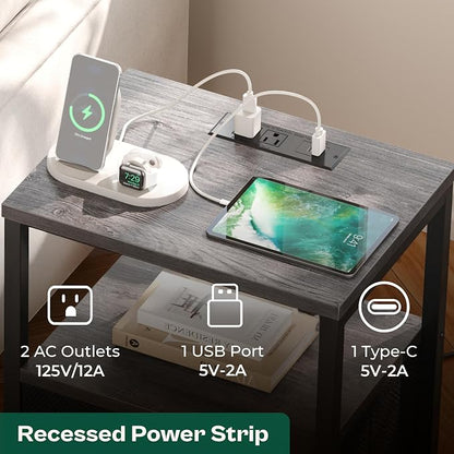 Huuger Nightstands Set of 2, End Tables with Charging Station, Side Tables with Fabric Drawers, Bedside Tables with USB Ports and Outlets, Night Stands for Bedroom, Charcoal Gray