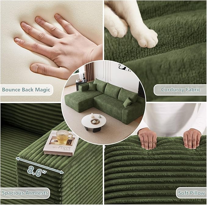 95" Modular Sectional Sofa, Modern Corduroy Cloud Couch with Side Pockets, Boneless Couch Upholstered 3-Seater L-Shaped Sofa for Living Room, No Assembly Required (Green,Left-Facing Chaise)