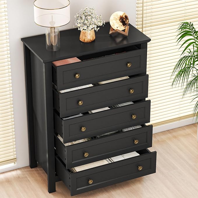 Farmhouse Dresser Nightstand Sets, 2-Piece Bedroom Furniture Set for Home | 5 Drawer Dresser Closet set of 2, Chest of Drawers for Bedroom, Living Room, Entryway, Black