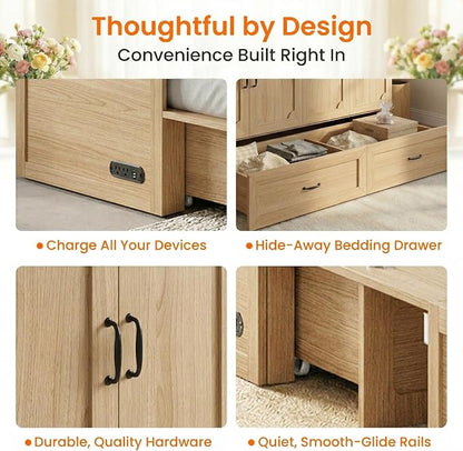CECER Queen Murphy Bed with Mattress for Small Space/Guest-Natural Wood | Large Storage Drawer ＆ Built-in Multi-Port Charging Station，Space Saving ＆ Easy Assemble and Conversion