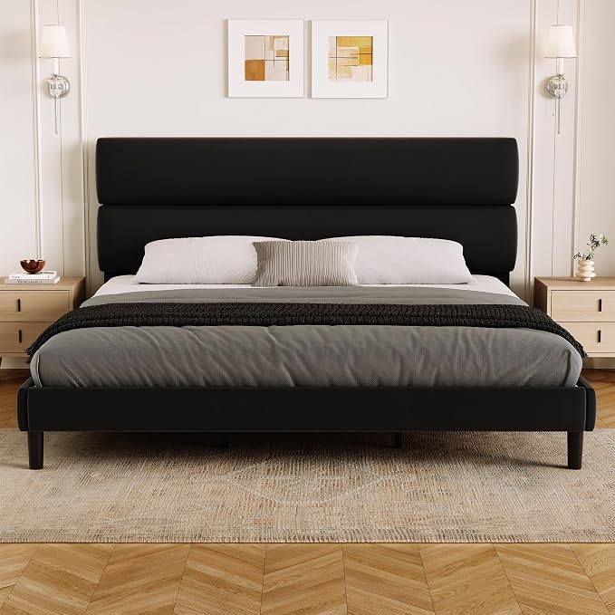 GRUSIGN King Size Platform Bed Frame with Velvet Headboard, Adjustable Height Wooden Slats Support, Upholstered Mattress Foundation, Fits Mattress or Mattress with Box Spring, Easy Assembly, Black