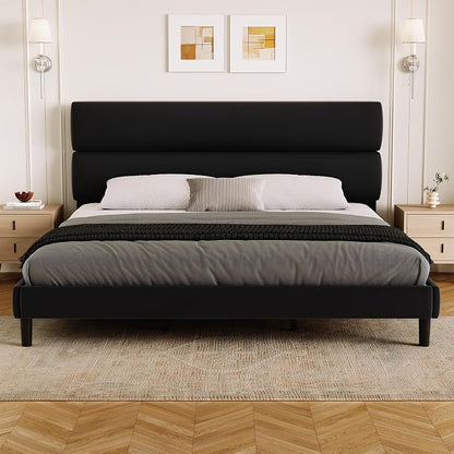 GRUSIGN King Size Platform Bed Frame with Velvet Headboard, Adjustable Height Wooden Slats Support, Upholstered Mattress Foundation, Fits Mattress or Mattress with Box Spring, Easy Assembly, Black
