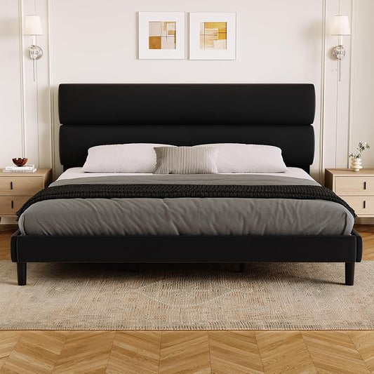 GRUSIGN King Size Platform Bed Frame with Velvet Headboard, Adjustable Height Wooden Slats Support, Upholstered Mattress Foundation, Fits Mattress or Mattress with Box Spring, Easy Assembly, Black