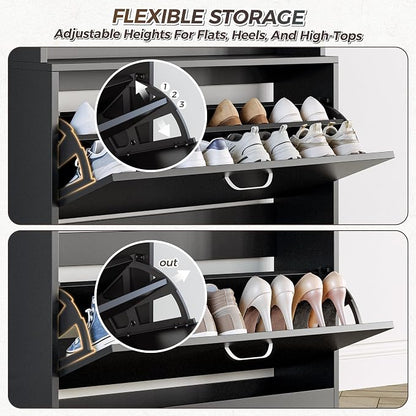 IRONCK Tall Shoe Cabinet with 2 Flip Drawers, Narrow Hidden Shoe Storage Cabinet with Shelves, Slim Freestanding Shoe Organizer for Entryway, Hallway, Black