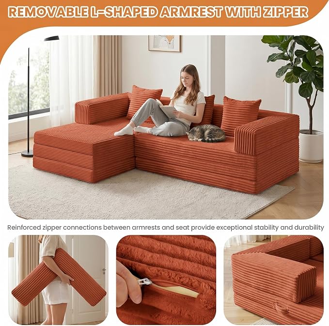 79" Modular Sectional Sofa, Boneless Convertible Sleeper Sofa Bed, Modern Tri-Folding Cloud Couch with L-Shape Chaise, Corduroy Futon for Living Room Small Spaces Apartment, No Assembly,Orange