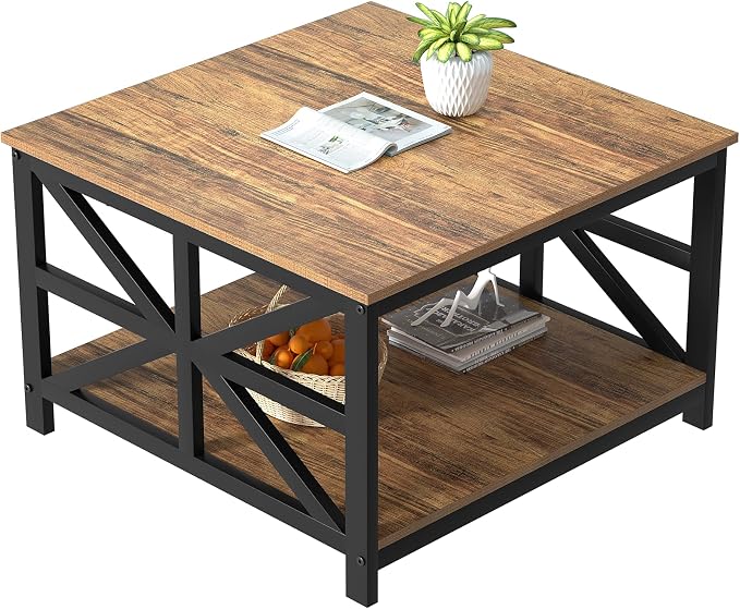 GreenForest Rustic Living Room Coffee Table with 2 Tier Storage | X Metal Frame Square Center Table with Seamless One-Piece Tabletop,27.55 inch Sofa Table,Scratch-resistant,Walnut