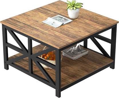 GreenForest Rustic Living Room Coffee Table with 2 Tier Storage | X Metal Frame Square Center Table with Seamless One-Piece Tabletop,27.55 inch Sofa Table,Scratch-resistant,Walnut