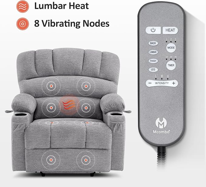 MCombo Power Lift Recliner Chair for Elderly, Lift Chair with Heat and Massage, Extra Wide Lift Recliner for Big People, Fabric R7096 (Medium-Wide, Grey)