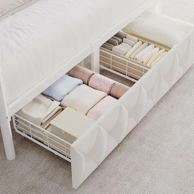 Keyluv Queen Size Upholstered LED Canopy Bed Frame with Charging Station and Drawer, Button Tufted Crown Headboard with Storage Shelf, Two-Purpose Removable Four Poster Design Platform Bed, Beige