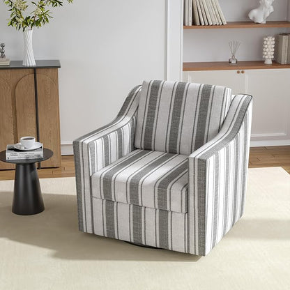 Swivel Accent Chair, 360° Swivel Upholstered Club Armchairs for Living Room, Comfy Fabric Single Sofa Reading Chair with Deep Seat, Metal Swivel Base, Gray Stripe
