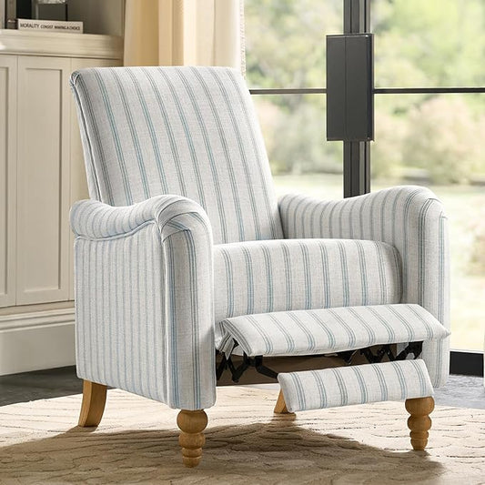 HULALA HOME Farmhouse Recliner Chair with Solid Wood Spindle Legs, Striped Push Back Recliner Armchair with Adjustable Backrest & Footrest, Comfy High Back Lazyboy Single Sofa for Living Room, Blue